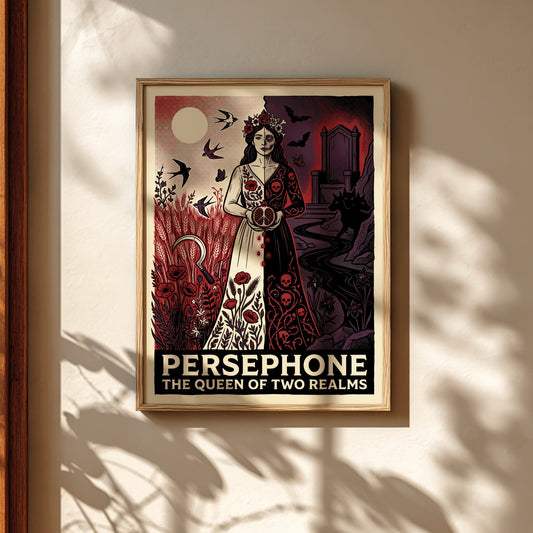 Persephone Greek Mythology poster with split design, vibrant and dark realms, art print.