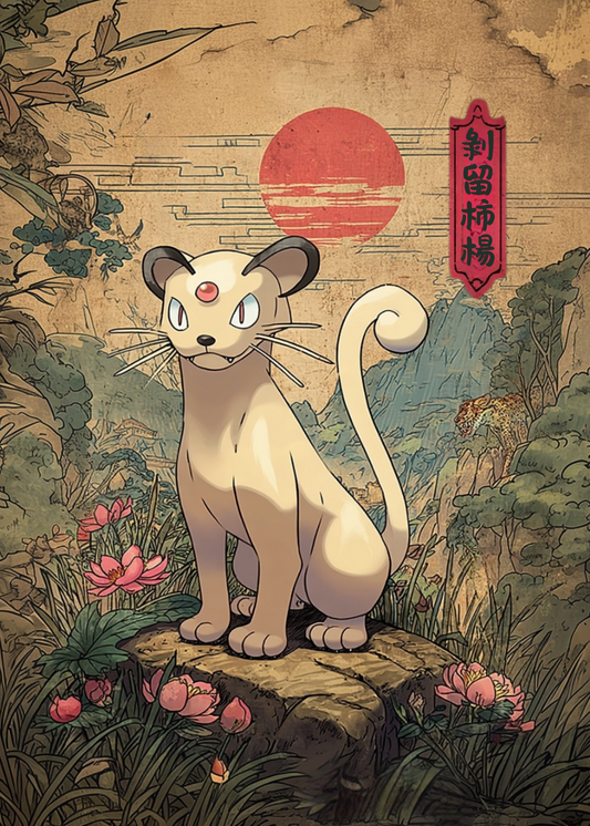 Persian Pokemon standing on a rock with a stylized landscape and red sun in the background