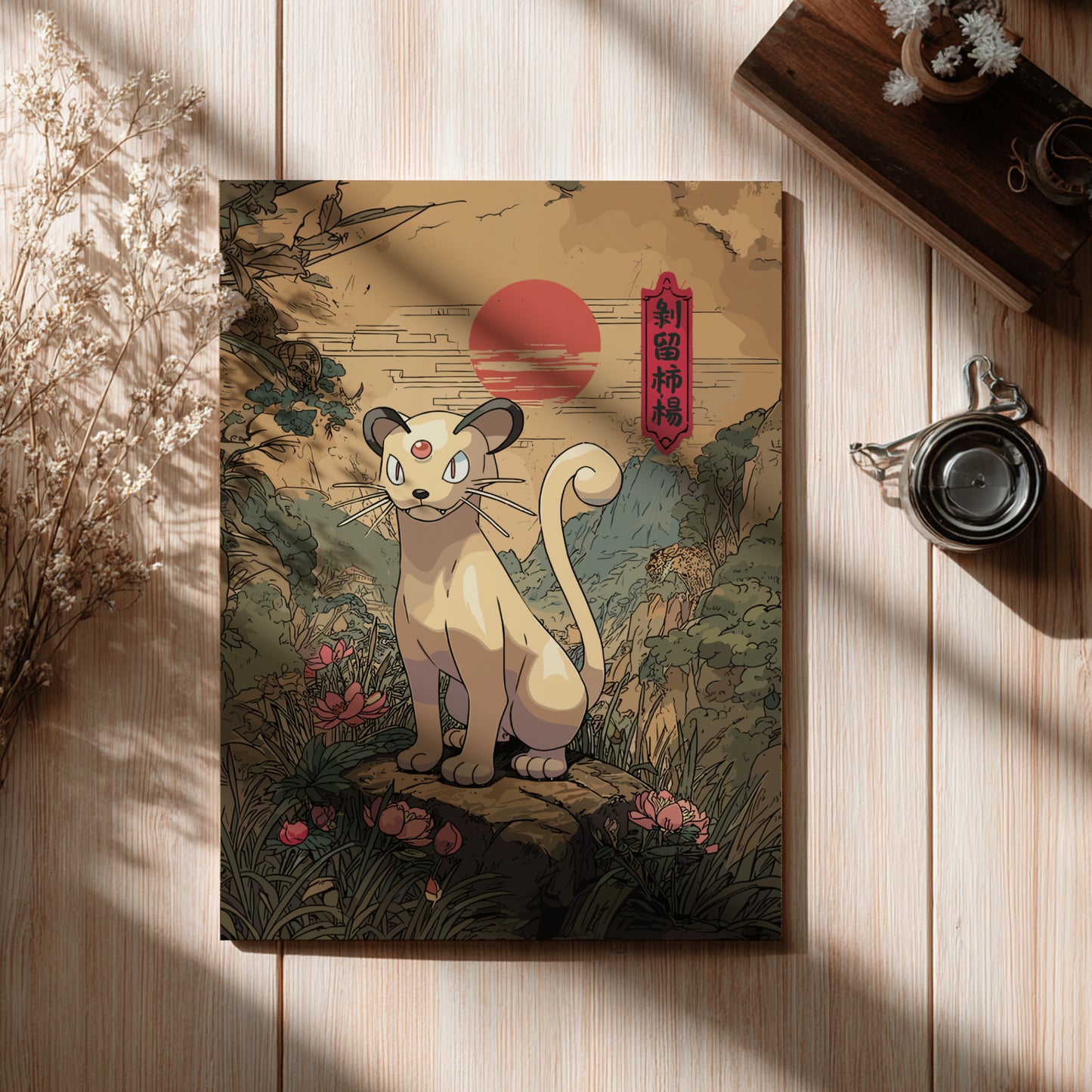 Poster with a stylized Persian Pokemon illustration on a wooden surface with a cup and flowers.
