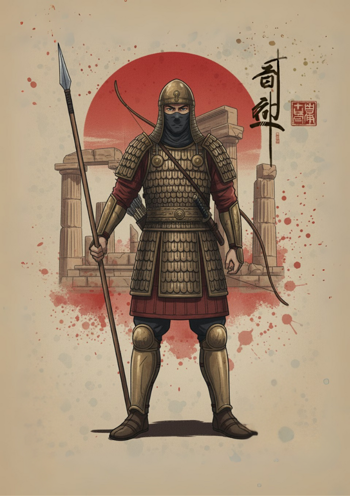 Illustration of a warrior in armor holding a spear and bow against a red sun and architectural background.
