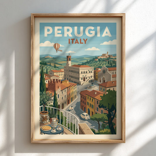 Vintage travel poster of Perugia, Italy, with retro illustration style and warm colors.