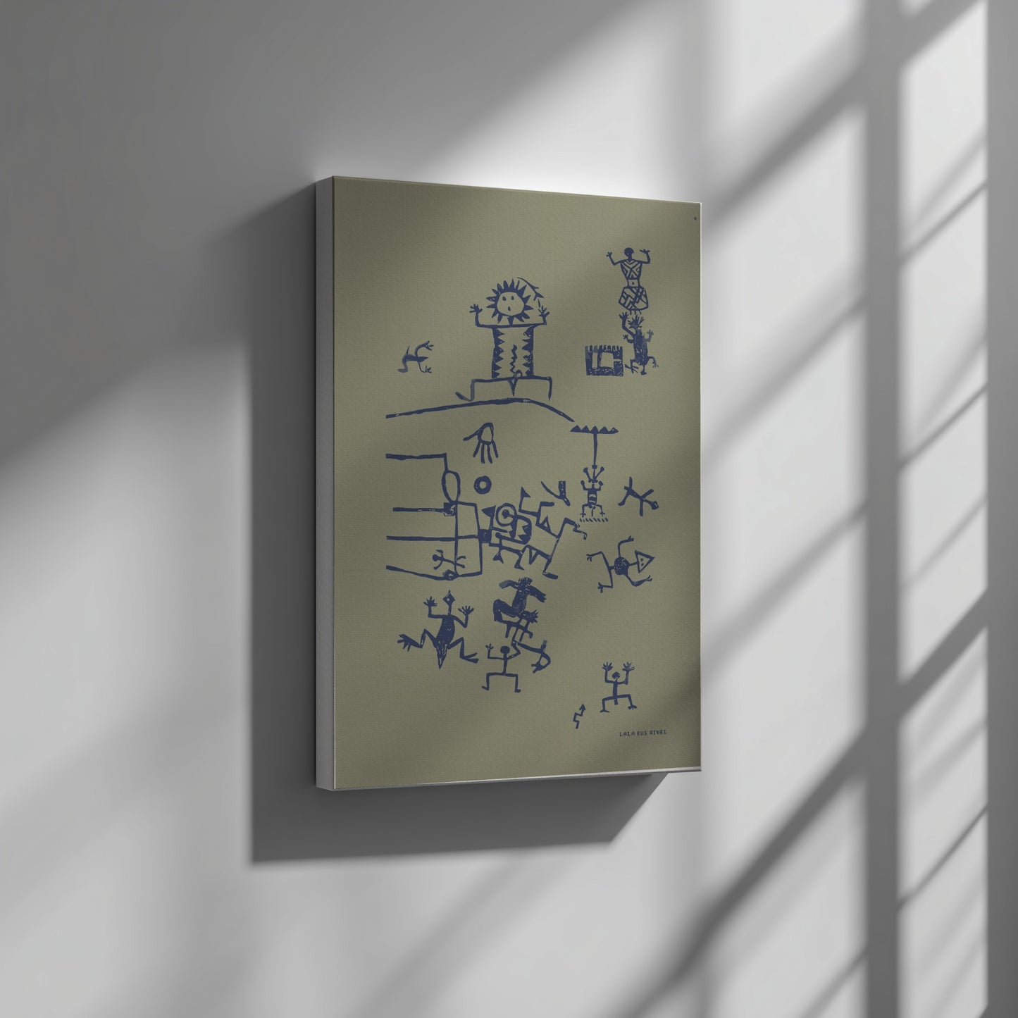 Petroglyph - Signs poster featuring blue ancient figures and symbols on a beige background.