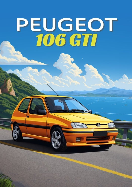 Affiche Peugeot 106 GTI des années 1990 – Décoration murale vintage française à hayon