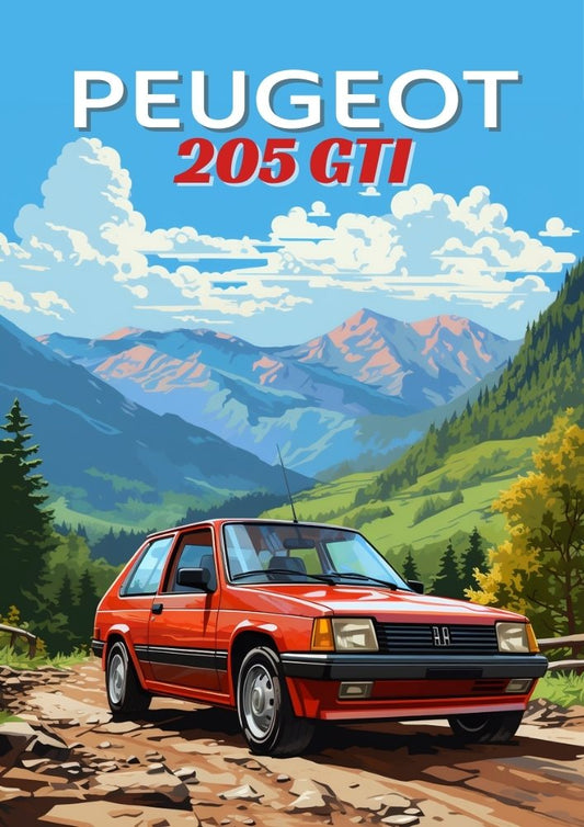 Affiche Peugeot 205 GTI des années 1980 – Décoration murale vintage française à hayon