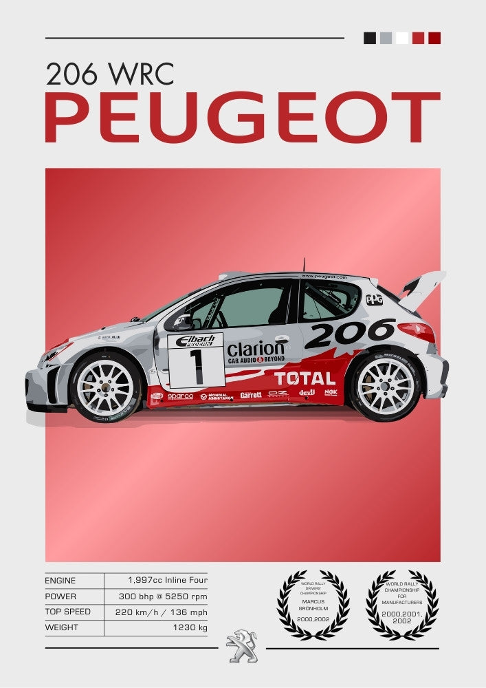 Affiche Peugeot 206 WRC – Décoration murale de champion de rallye du début des années 2000