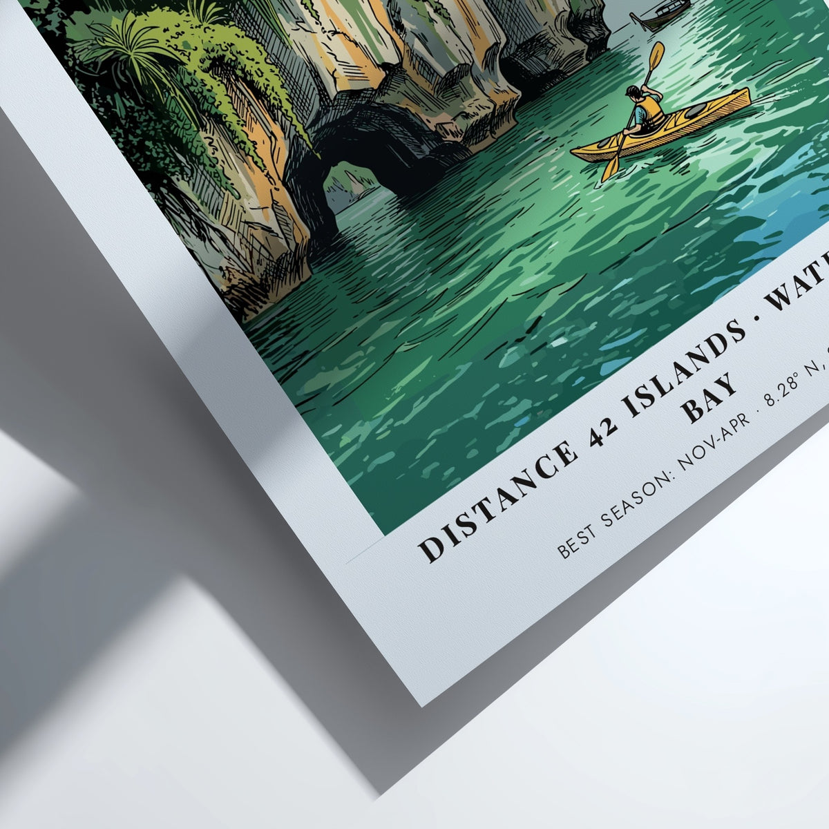 Poster of a kayaker paddling through emerald waters near towering Thai limestone cliffs.