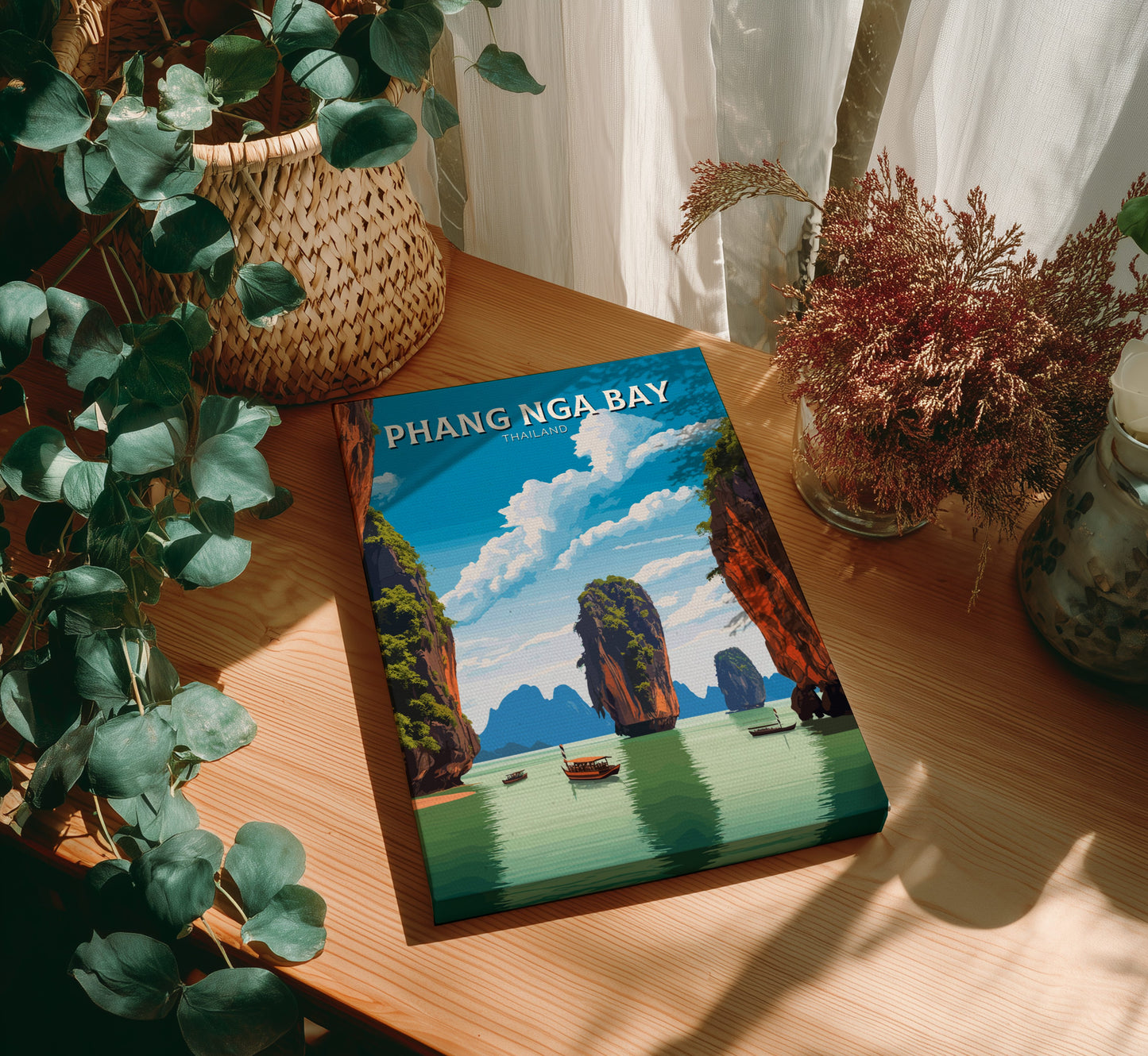 Book titled 'Phang Nga Bay' on a wooden table with plants around