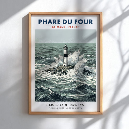Poster of Phare Du Four lighthouse in Brittany surrounded by crashing ocean waves.