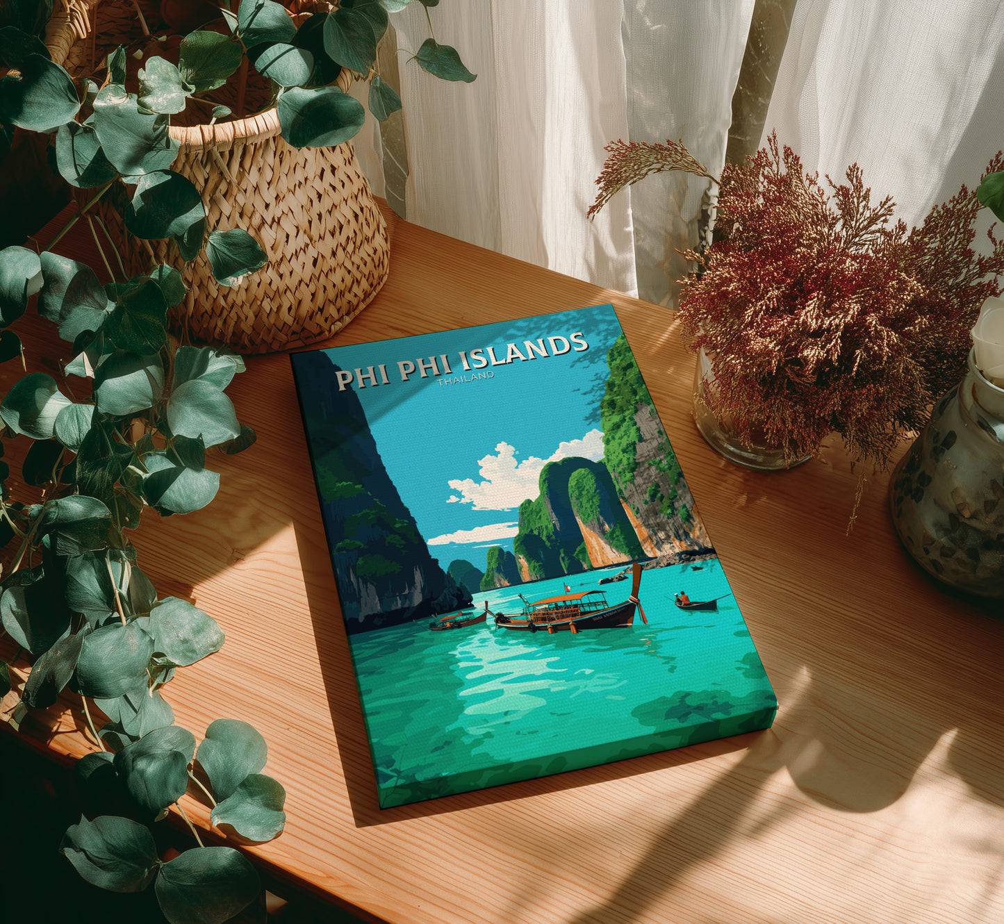 Book titled 'Phi Phi Islands' on a wooden table with plants