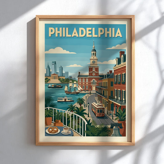 Stylized Philadelphia cityscape poster with Independence Hall, ships, and trolley in a retro art style.