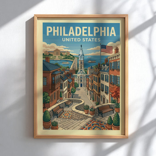 Vintage Philadelphia travel poster featuring a cityscape with City Hall and historic buildings, in a warm
