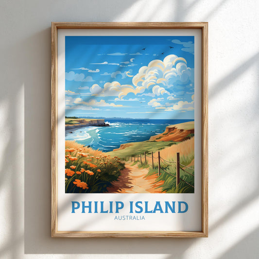 Framed artwork of a coastal scene with 'Philip Island, Australia' text on a white wall.