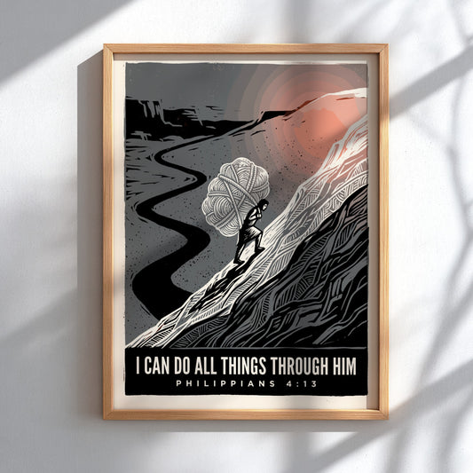 Poster displaying a person carrying a heavy burden up a steep mountain path.