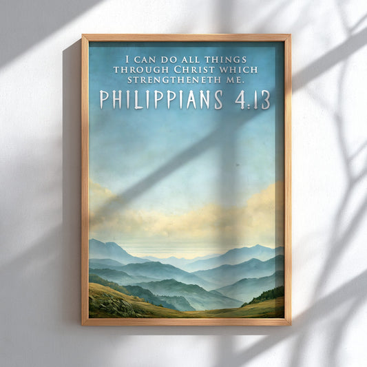 Poster featuring a serene mountain range under a blue sky with Philippians 4:13 text.