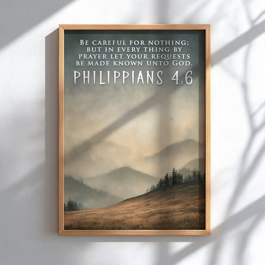 Poster displaying Philippians 4:6 text over a landscape of golden fields and mountains.
