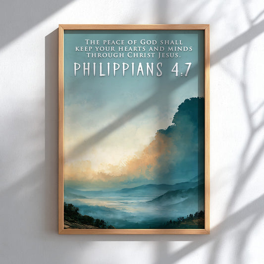 Poster displaying a mountain valley under a golden sunrise with Philippians 4:7 scripture text.