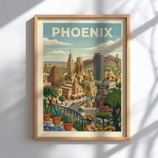 Retro Phoenix cityscape poster with desert architecture, cacti, and mountains in warm tones.