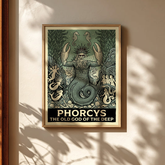 Phorcys Greek Mythology poster featuring the old god of the deep with crab claws and mermaids in a green