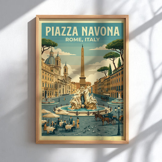 Piazza Navona travel poster featuring vintage style, warm colors, and iconic Roman architecture