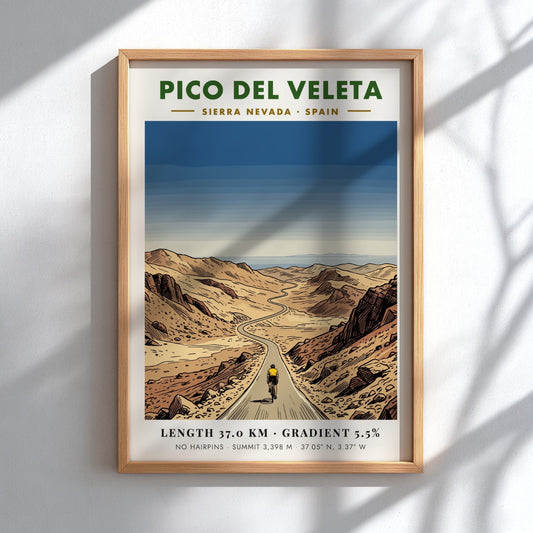 Poster of a cyclist climbing the rugged Pico Del Veleta in the Spanish Sierra Nevada.