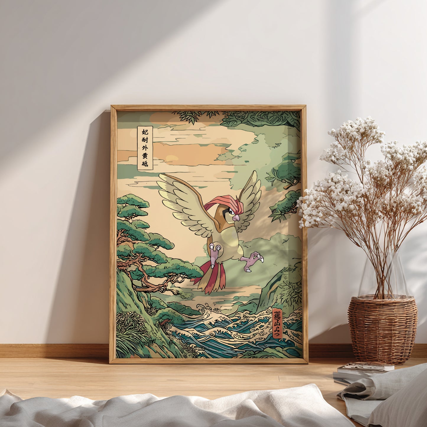 Framed artwork of Pidgeotto Pokemon in a natural setting on a wall.