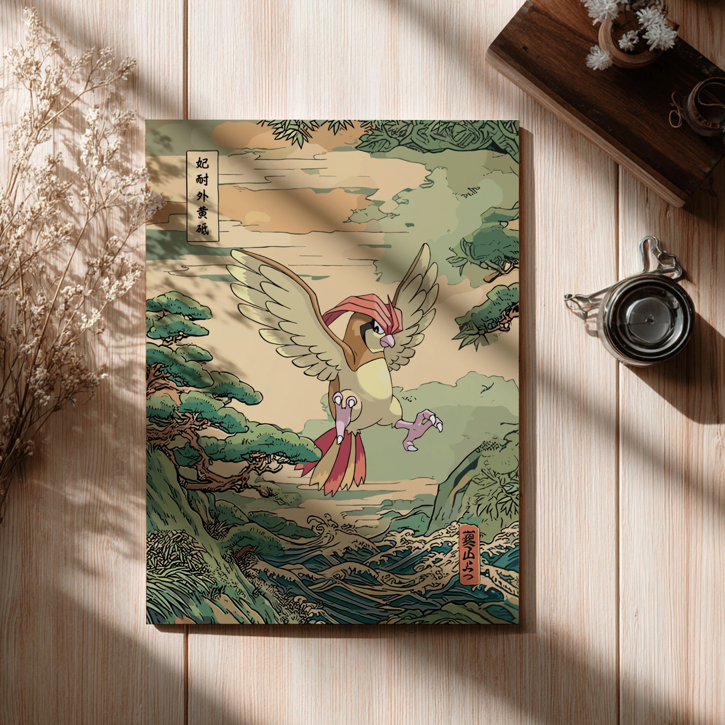 Poster with Pidgeotto Pokemon design on a wooden surface with a cup and branches.