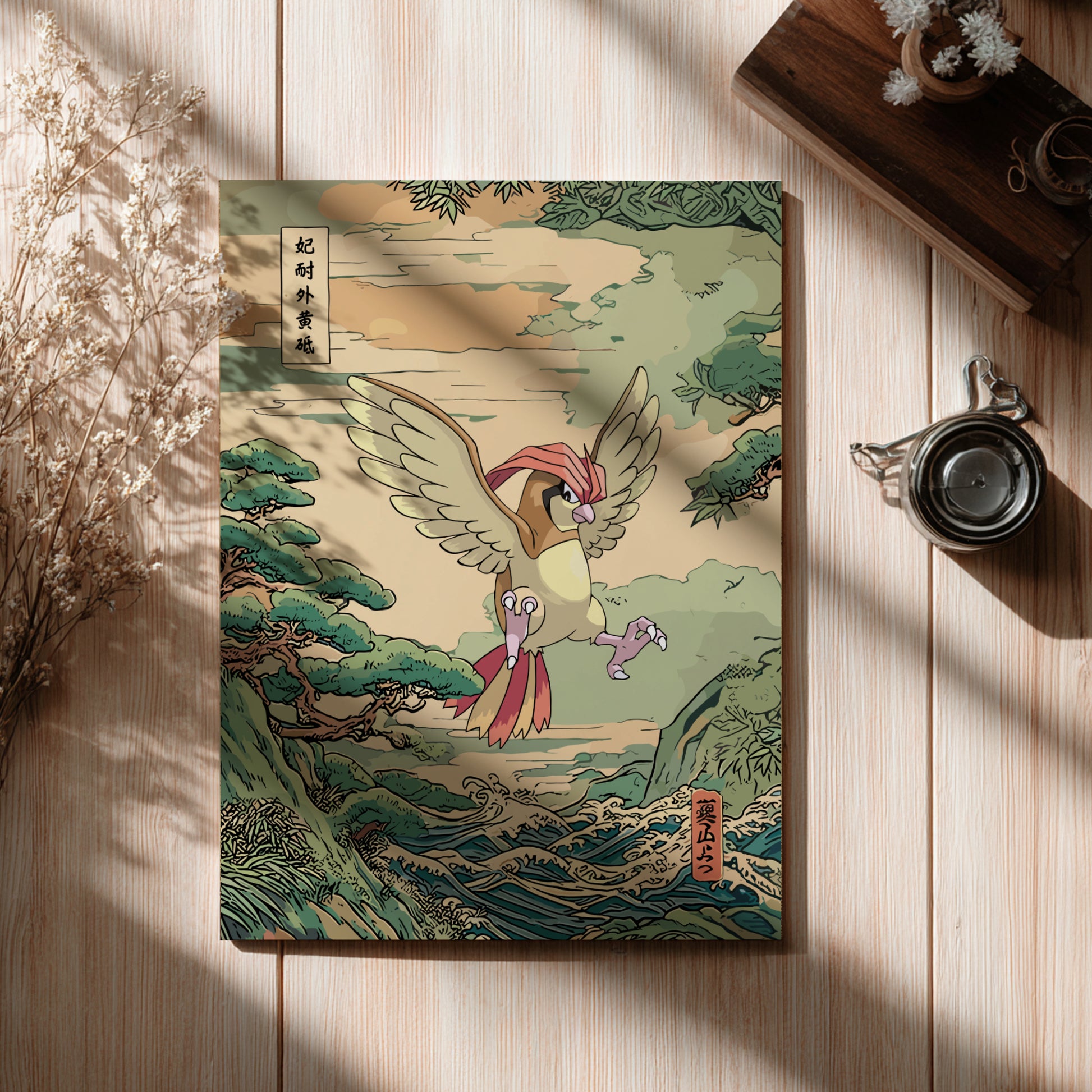 Poster with Pidgeotto Pokemon design on a wooden surface with a cup and branches.