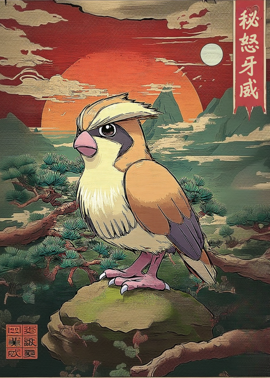 Illustration of a Pidgey Pokemon in a fantasy landscape with a red sun and mountains.