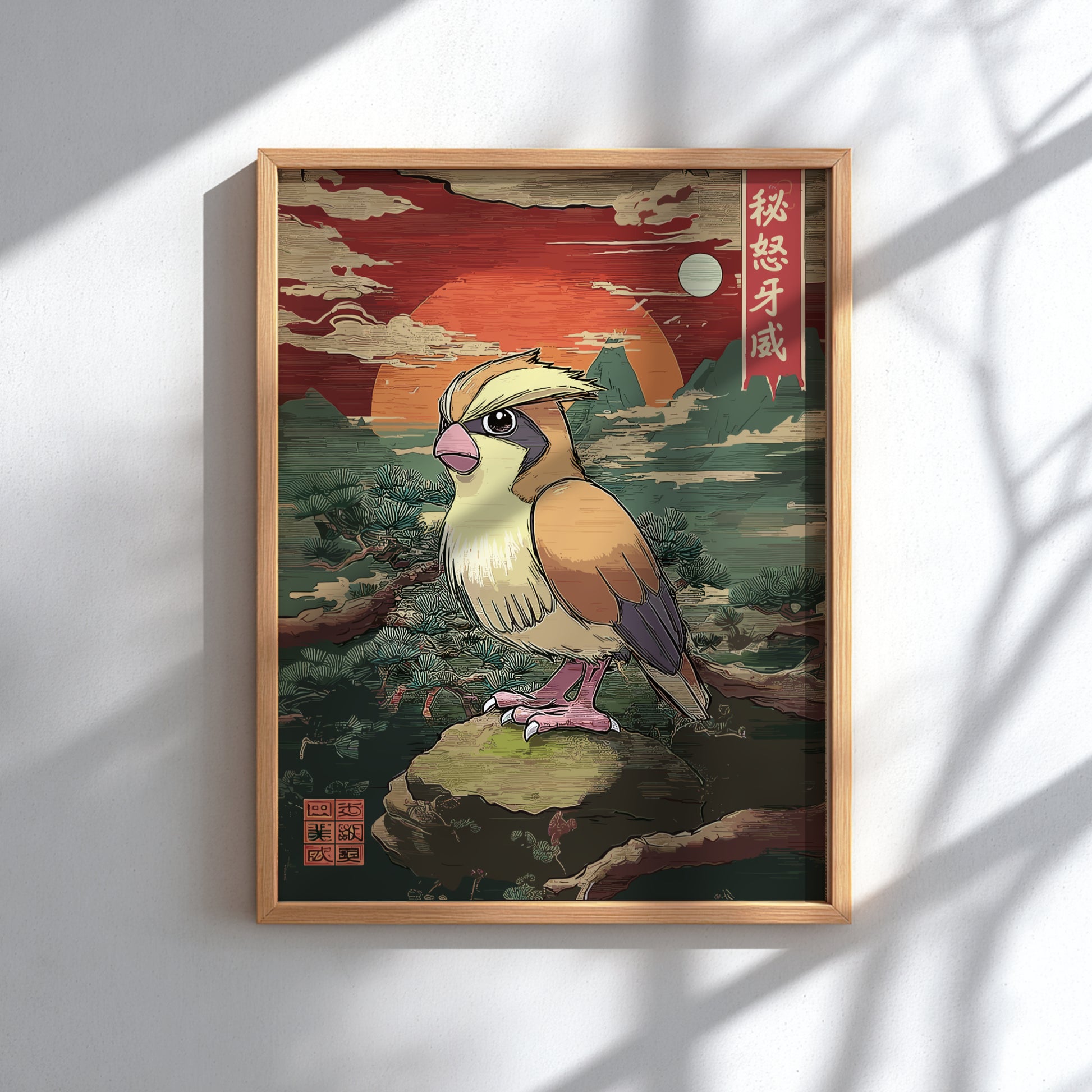 Framed artwork of Pidgey Pokemon with a sunset background on a white wall.