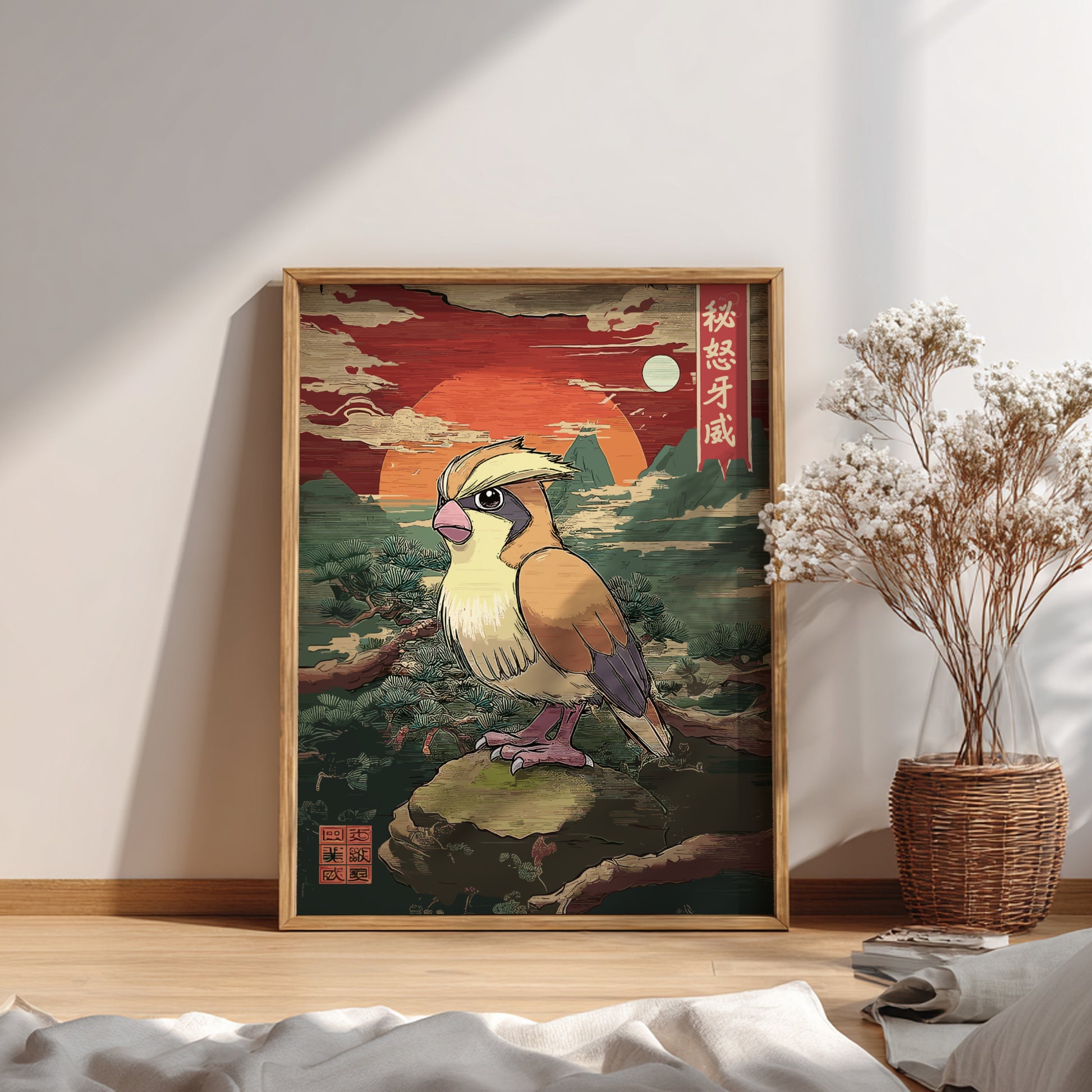Framed artwork of Pidgey Pokemon in a natural setting on a wall with a vase of flowers.