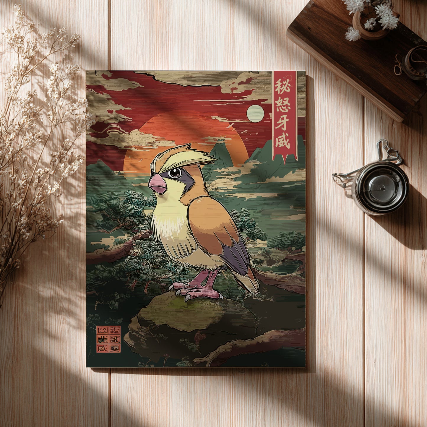 Illustrated Pidgey Pokemon on a wooden surface with a sunset and mountain background