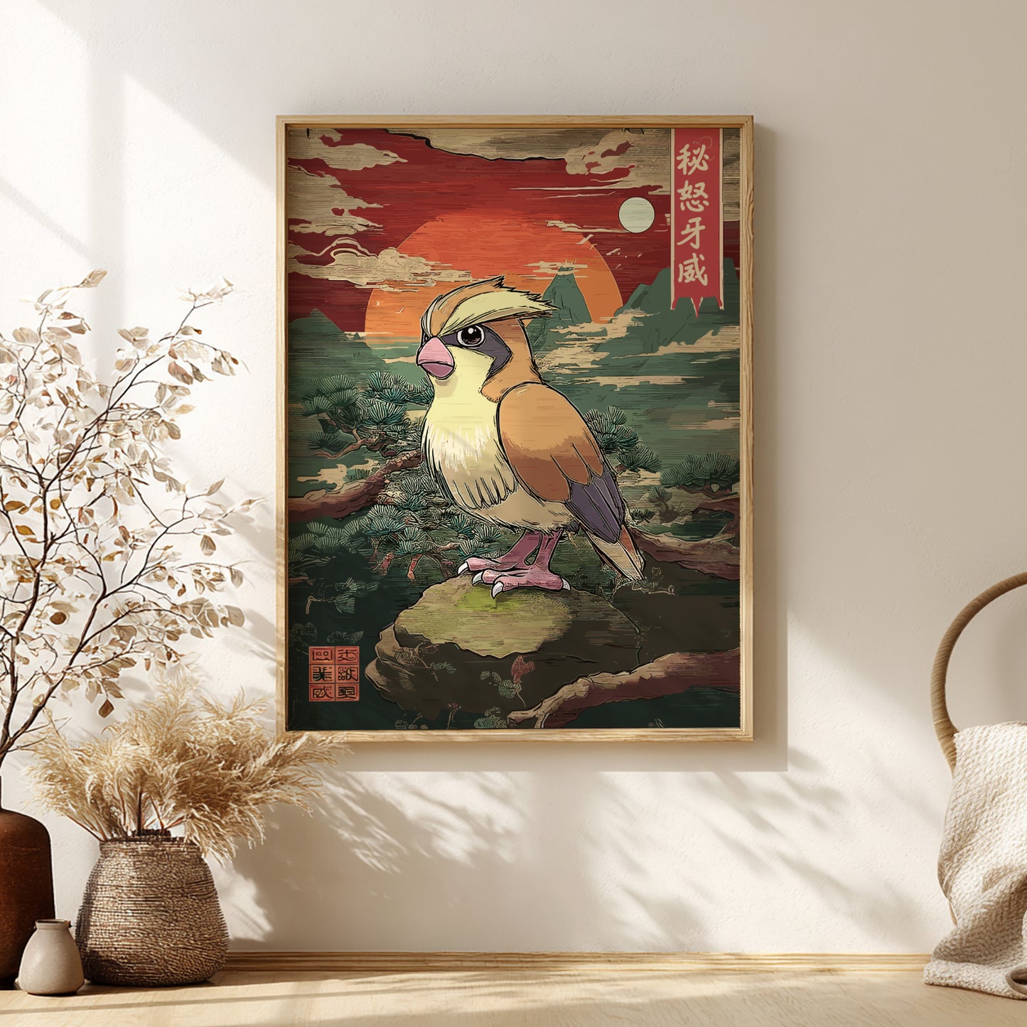 Framed artwork of a Pidgey Pokemon in a natural setting on a wall with decorative elements.