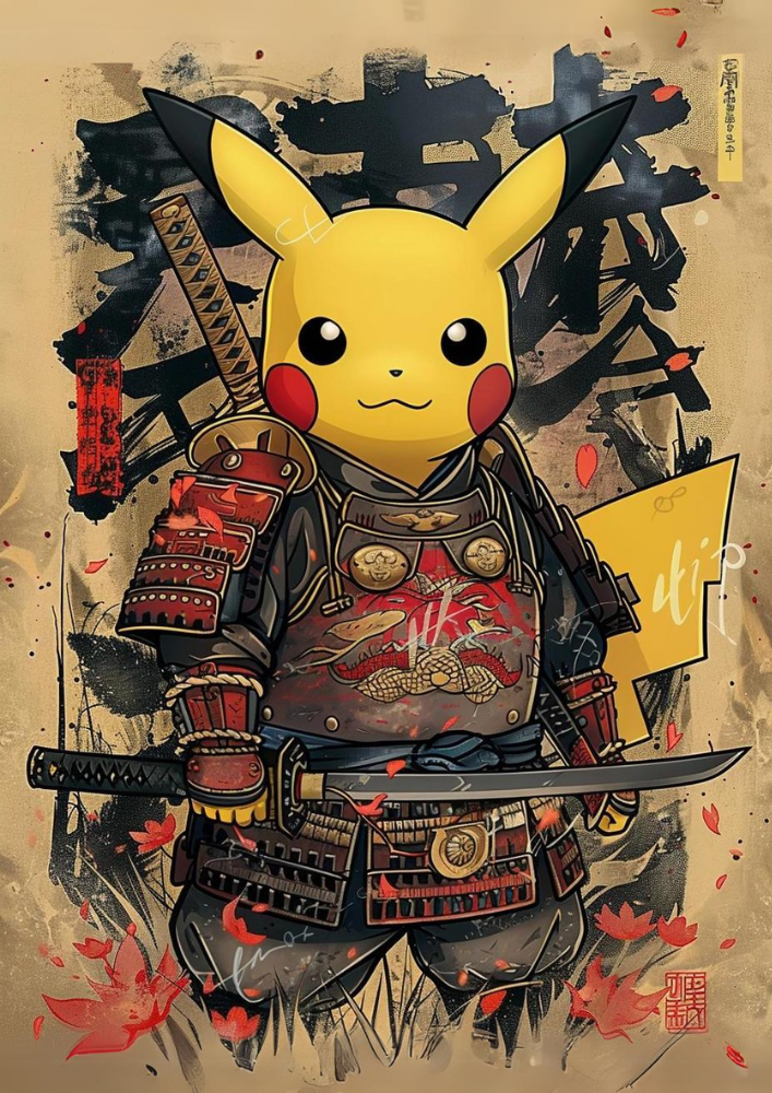 Affiche Pikachu Samouraï - Tapisserie japonaise, style anime