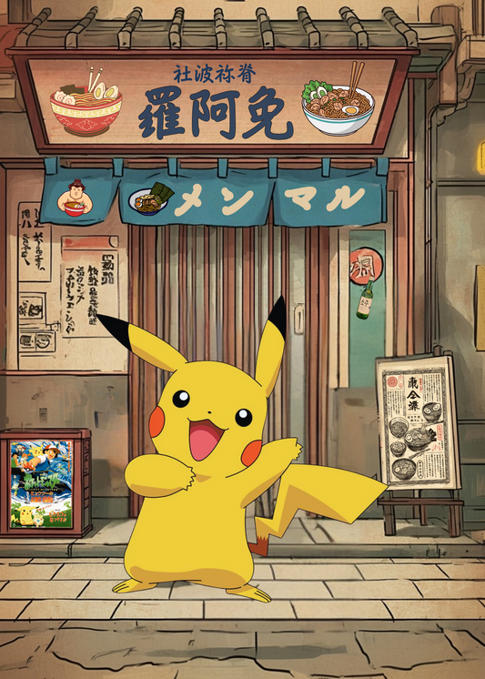 Animated Pikachu standing in front of a Japanese restaurant with signs and food illustrations.