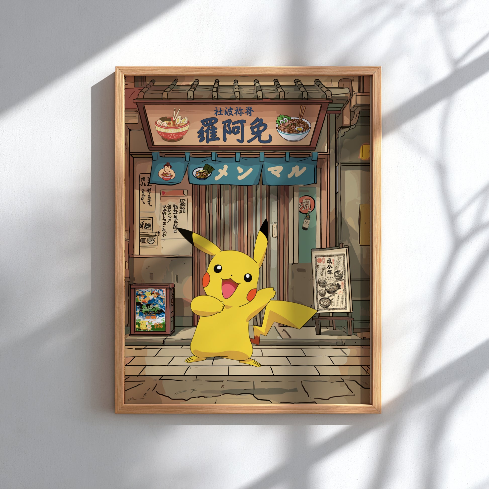 Framed artwork of Pikachu in a Japanese restaurant setting