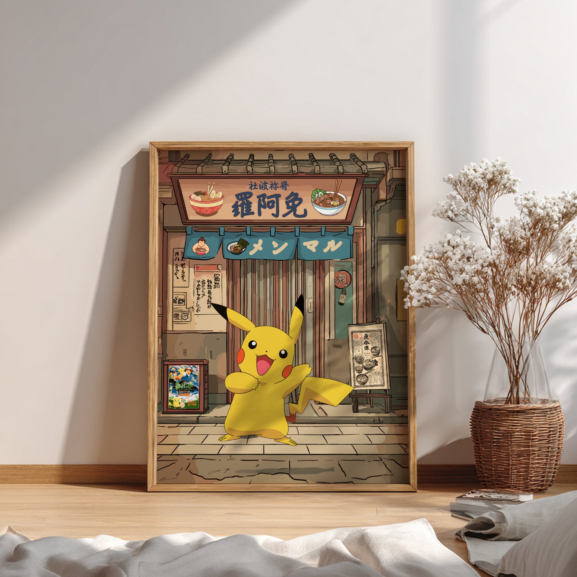 Framed artwork of Pikachu in front of a Japanese restaurant with a plant on a wooden floor.