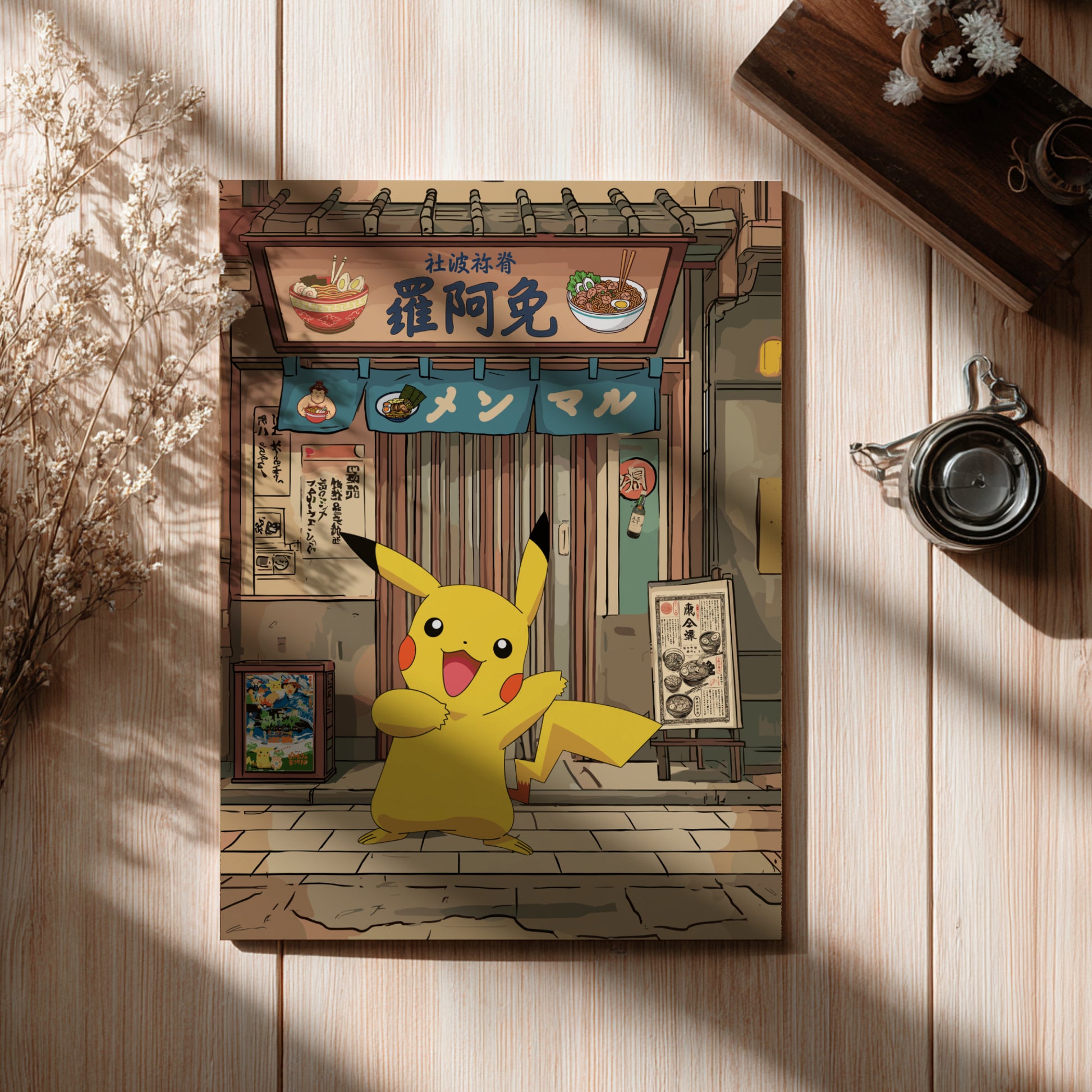Poster with Pikachu on a Japanese street scene cover, placed on a wooden surface.