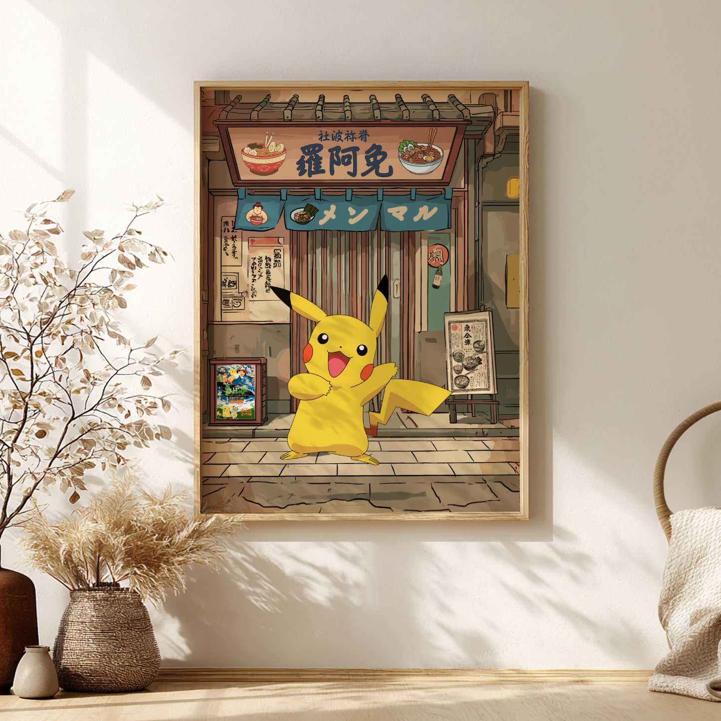 Framed artwork of Pikachu in a Japanese restaurant setting on a wall with decorative elements.