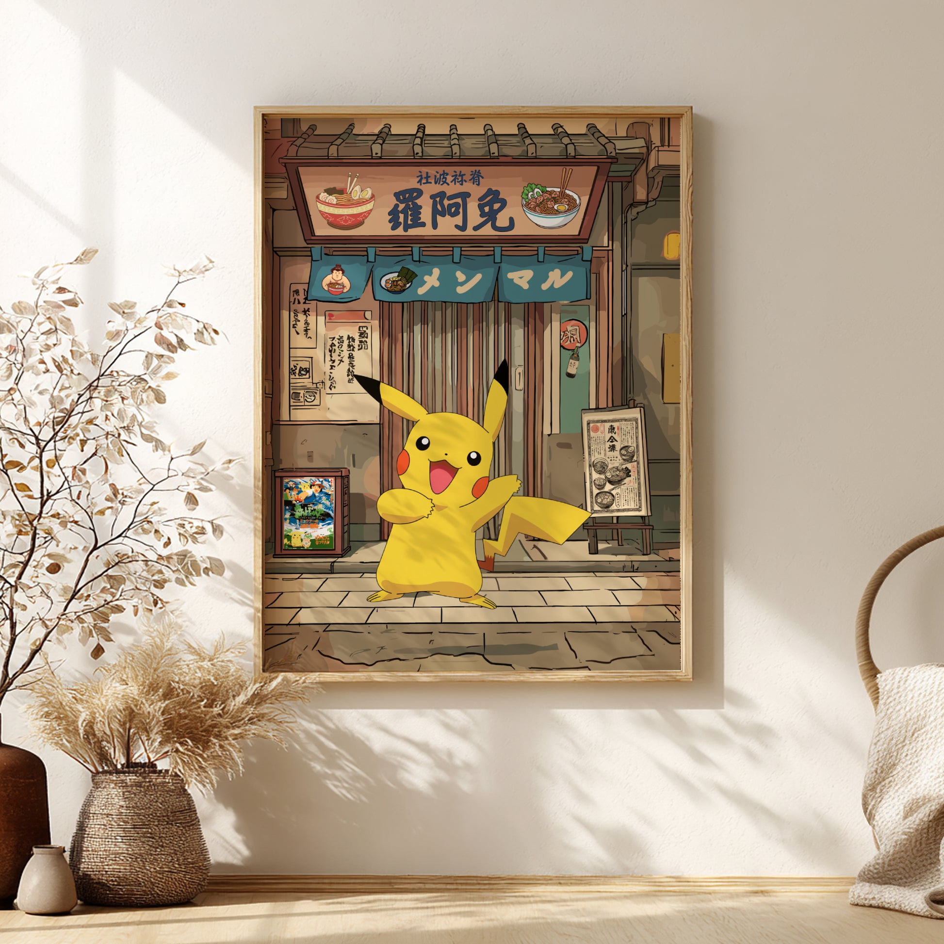 Framed artwork of Pikachu in a Japanese restaurant setting on a wall with decorative elements.