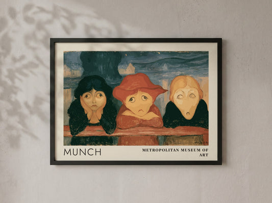 Museum exhibition poster featuring three girls leaning on a bridge by Edvard Munch