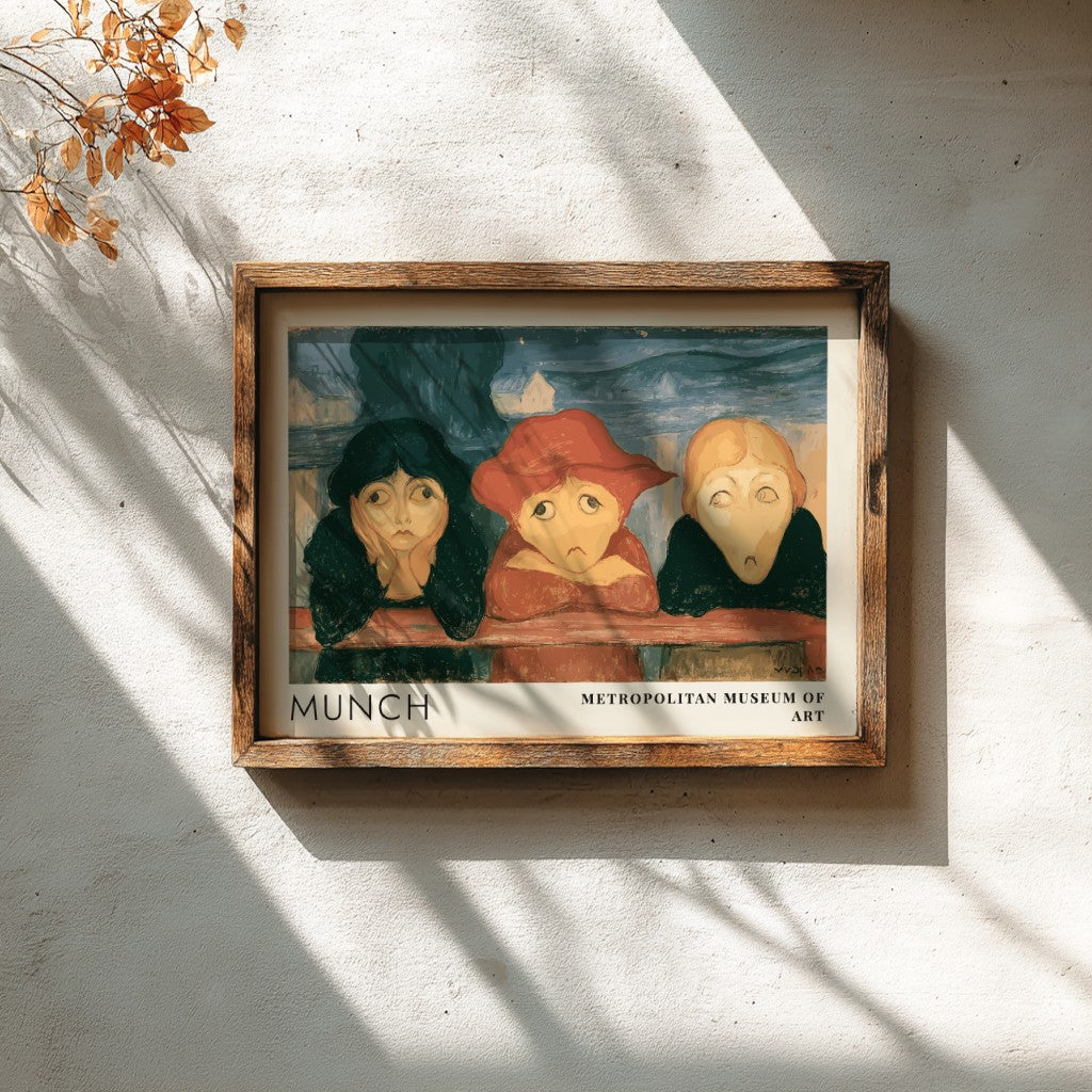 Museum exhibition poster featuring three girls leaning on a bridge by Edvard Munch
