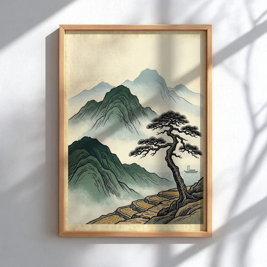 Japanese art poster featuring a misty pine cliffside scene in soft colors