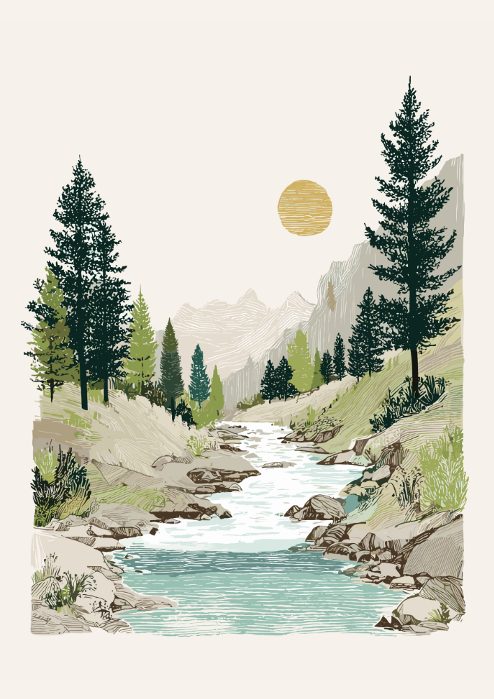 Illustration of a serene landscape with a stream, trees, and mountains.
