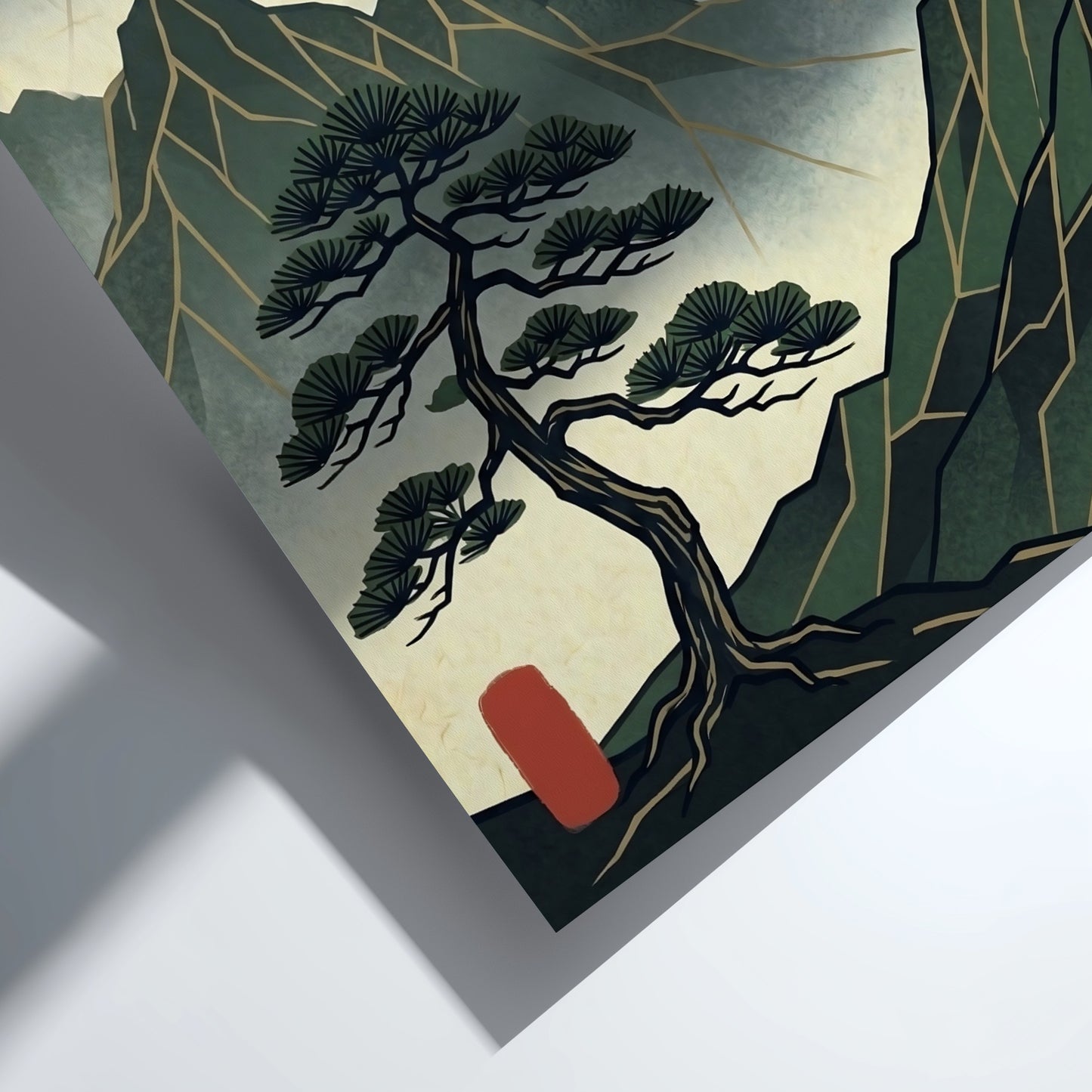 Japanese art style poster featuring a pine tree and red sun over mountains