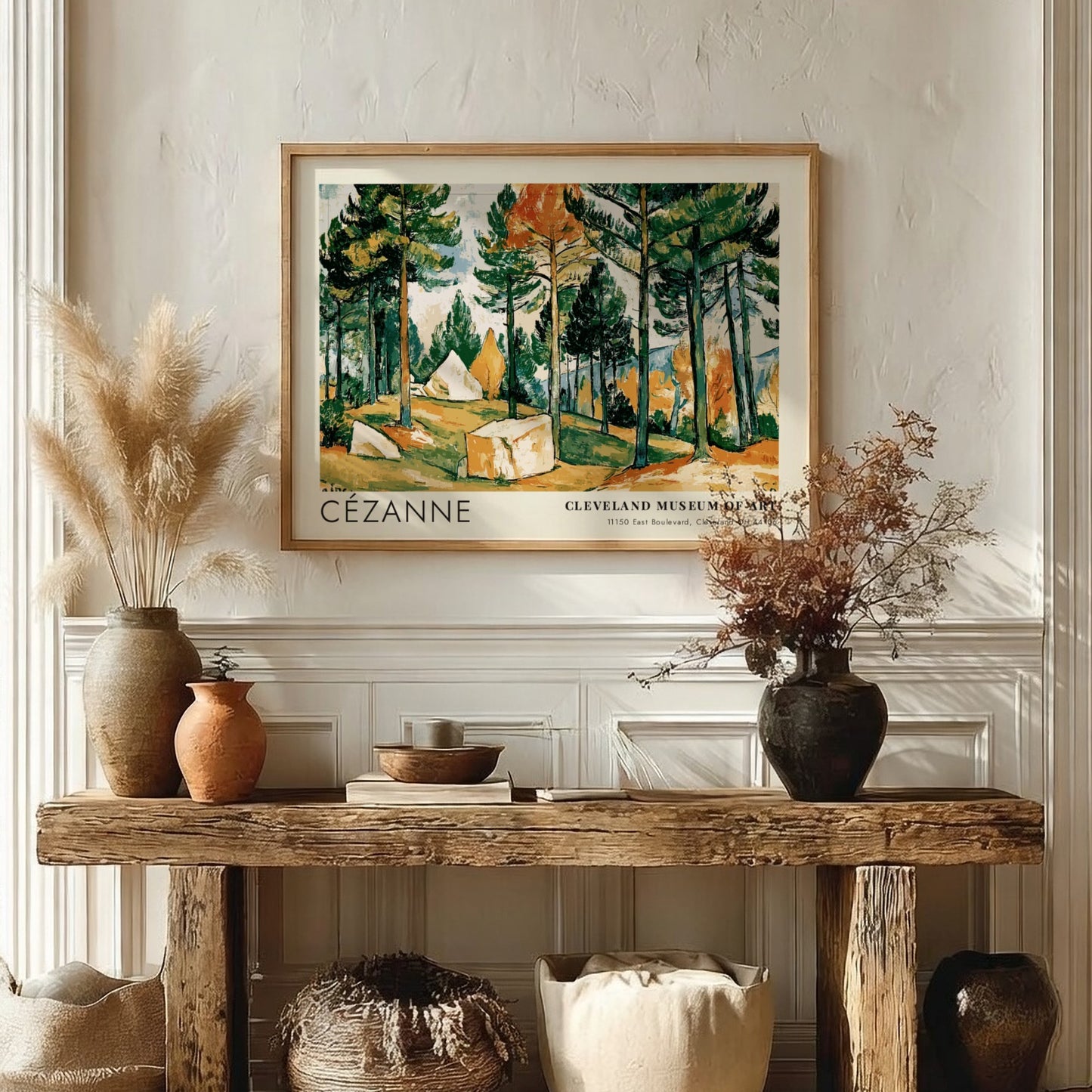 Wall art poster featuring Cézanne Pines and Rocks landscape with green trees and rocks