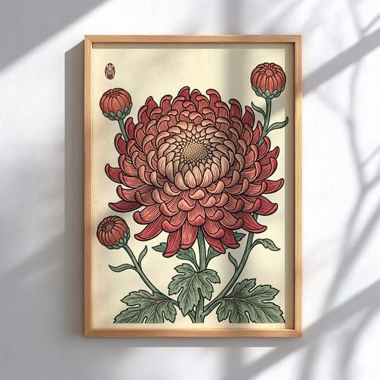 Japanese art style poster featuring a pink chrysanthemum with intricate details and warm colors
