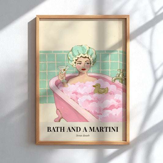 Poster featuring a woman in a pink bathtub with a martini and duck