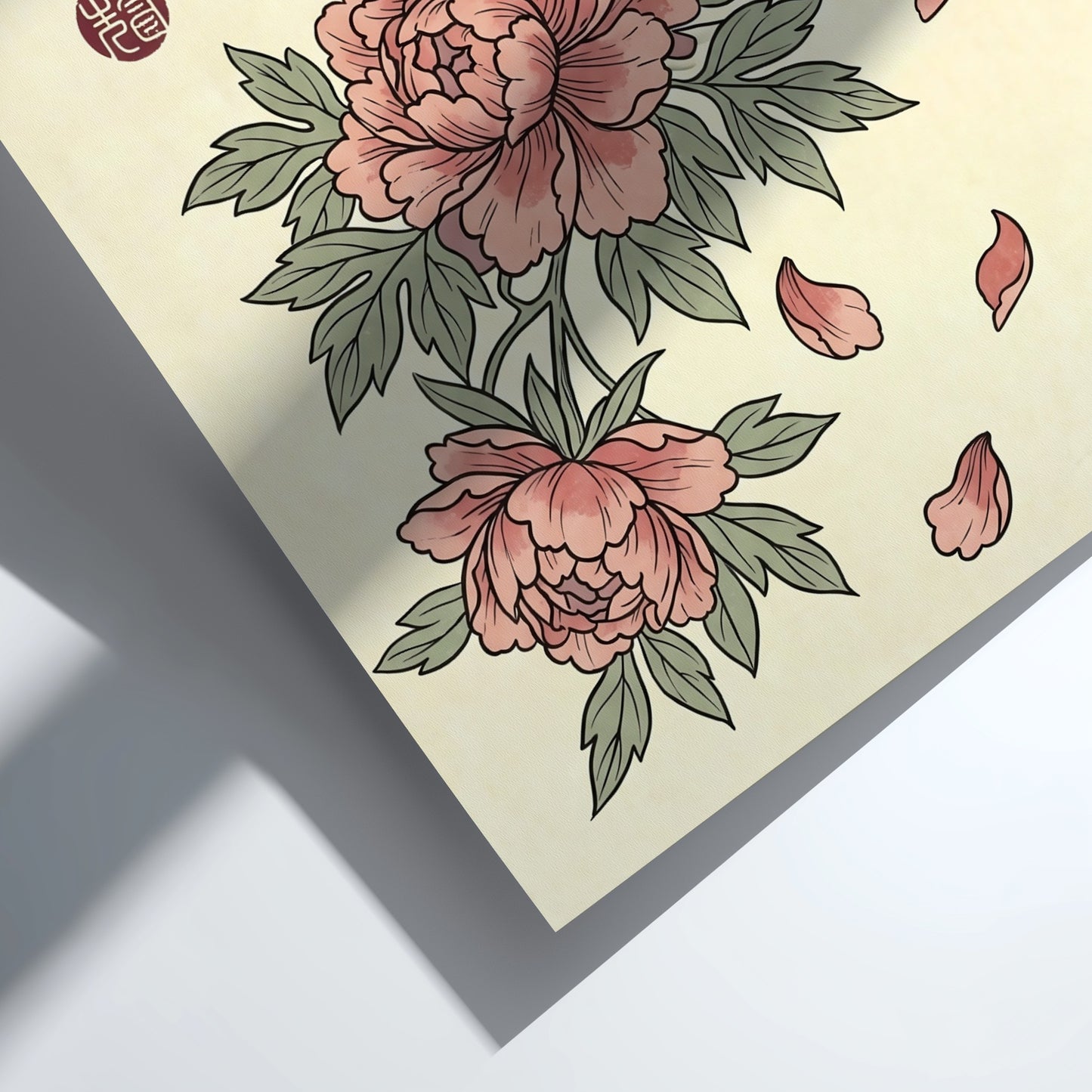 Pink peonies poster featuring soft pink flowers in Japanese art style