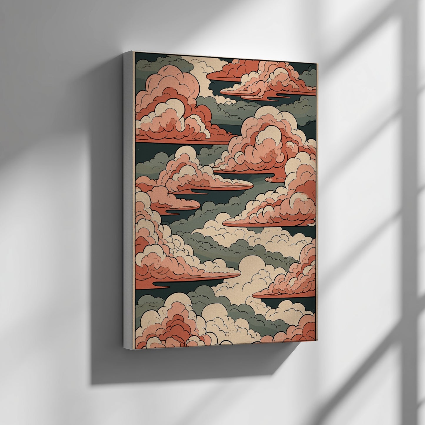 Japanese art style poster featuring pink and green clouds in a stylized sky.