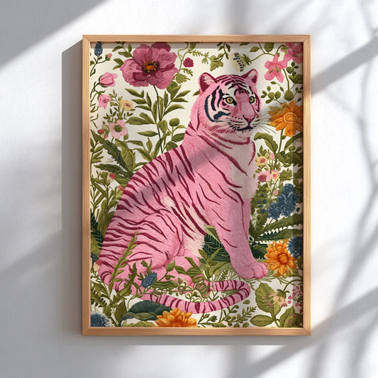 Wild Botanica Modern Art - The Pink Tiger in a Botanical Garden Wall Print